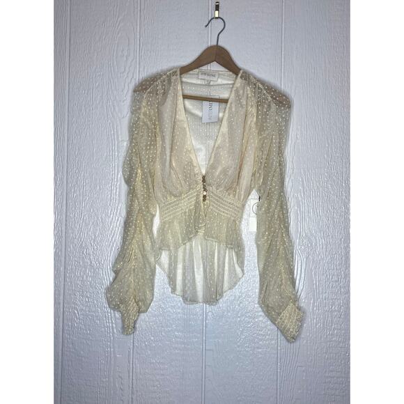 DIVINE HERITAGE Plunge Ivory Sheer Lace Ruched Crop Blouse US SMALL NWT $295 - Picture 4 of 12